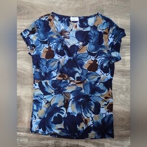 Suzy Shier Blue and Brown Floral Blouse